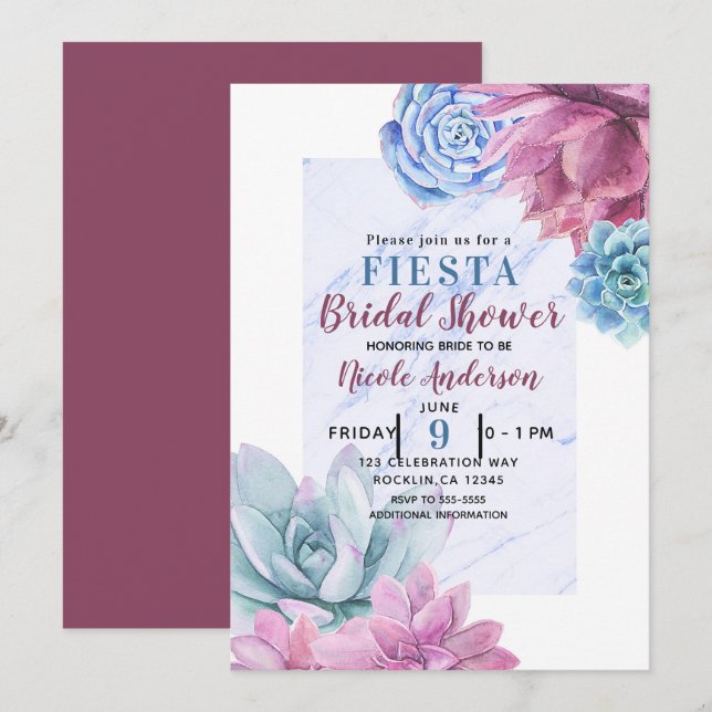 Invitación Suculentas Modas modernas Marble Bridal Ducha Fies (Anverso / Reverso)