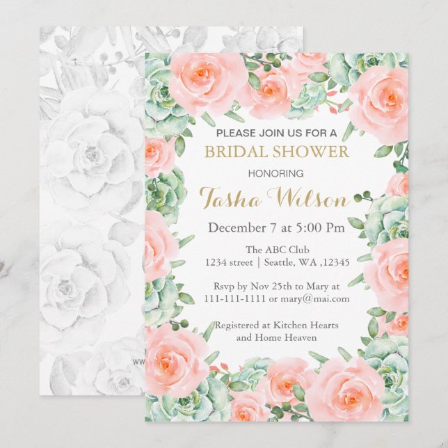 Invitación suculentas rosas de melocotón Bridal Shower Invite (Anverso / Reverso)