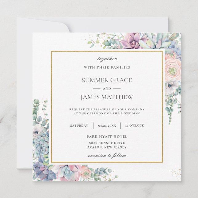 Invitación Suculentas Rubor Floral Greenery Boda Square (Anverso)