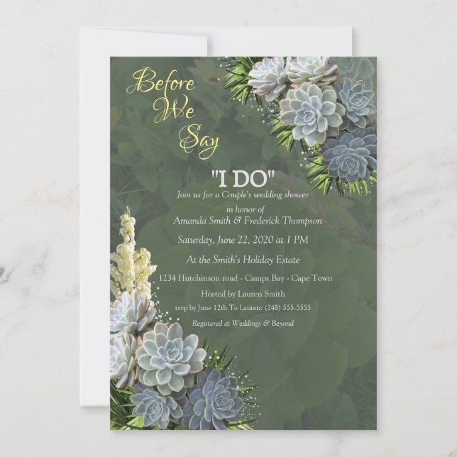 Invitación Suculentas tonalidades de azul pálido y hojas tubu (Anverso)