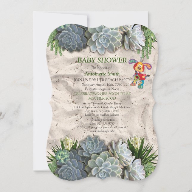 Invitación Suculentas tonalidades de Baby Shower de azul páli (Anverso)