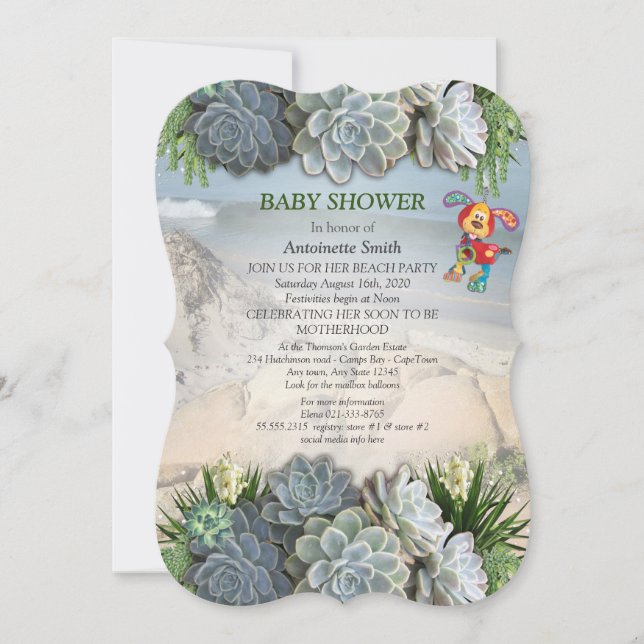 Invitación Suculentas tonalidades de Baby Shower de azul páli (Anverso)