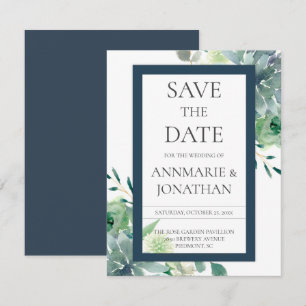 Invitación Suculentas Verdes e Índigo Flores Blancas Boda