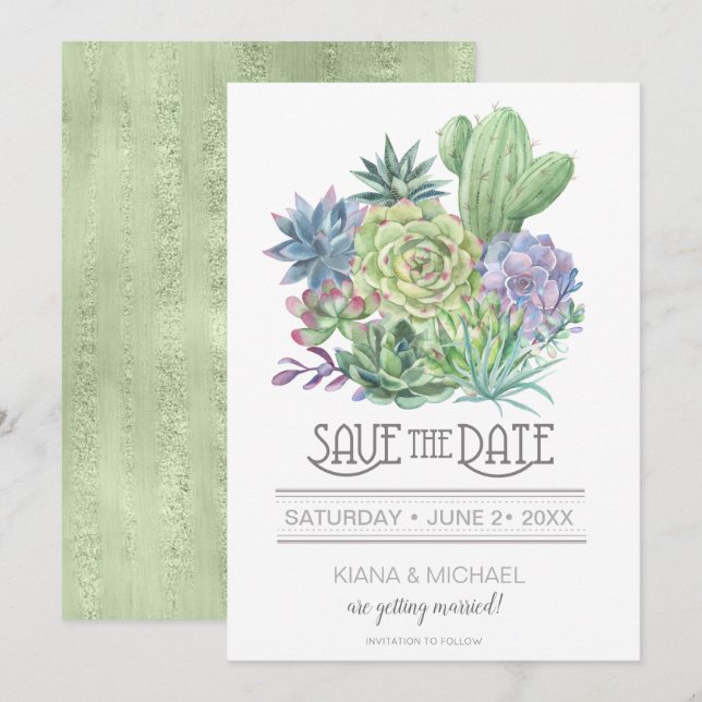 Invitación Suculentas y Brillo Guarda la Fecha Verde ID515 (Anverso / Reverso)