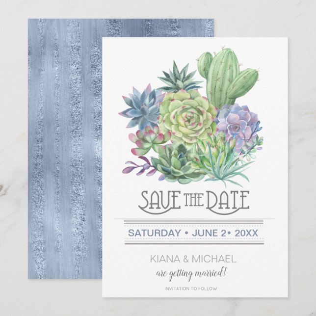 Invitación Suculentas y Brillo Guarden la Fecha Azul ID515 (Anverso / Reverso)