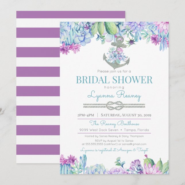 Invitación Suculentas y cortacésped floral Nautical Bridal Sh (Anverso / Reverso)