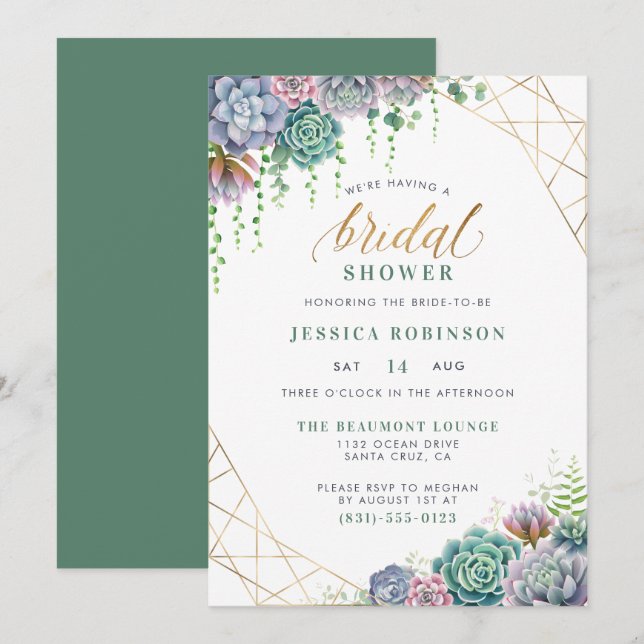 Invitación Suculentas y elegantes duchas de novias con guión  (Anverso / Reverso)