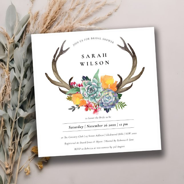 INVITACIÓN SUCULENTE FLORAL ANTLER BOHEMIAN BRIDAL SHOWER (Subido por el creador)