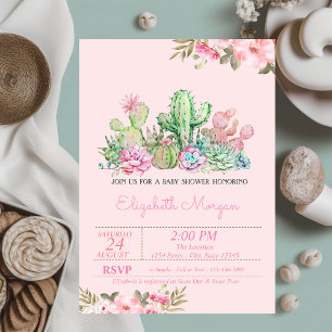 Invitación Suculento acuarela, Baby Shower floral