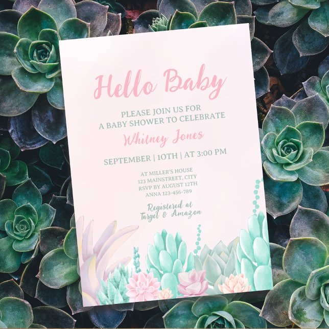 Invitación Suculento acuarela Chica botánico Baby Shower (Succulent Watercolor Botanical Girl Baby Shower Invitation)