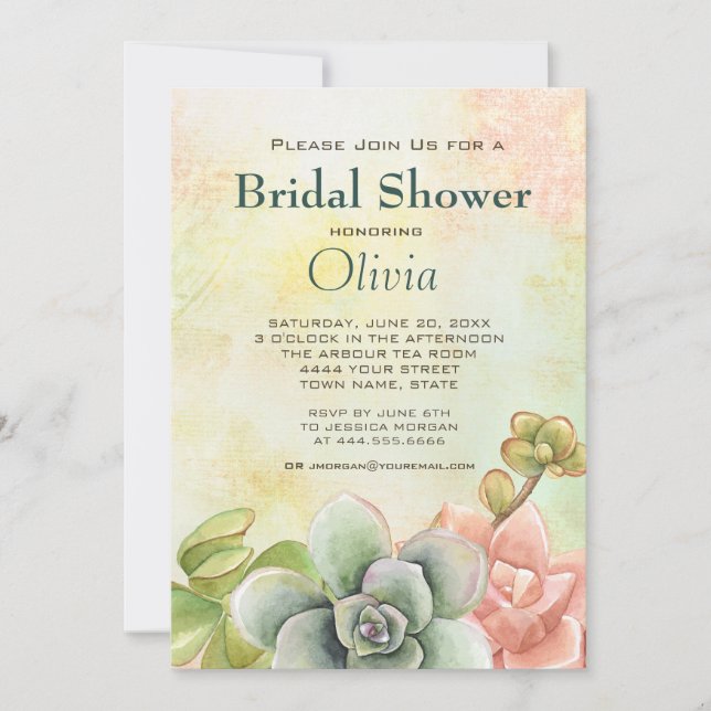 Invitación Suculento acuarela Floral Bridal Shower (Anverso)