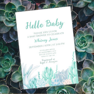 Invitación Suculento acuarela Mint Green Boy Baby Shower