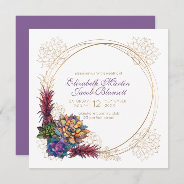 Invitación Suculento acuarela rústica, Boda de lavanda (Anverso / Reverso)