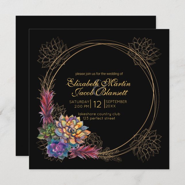 Invitación Suculento acuarela rústica, Boda negro (Anverso / Reverso)