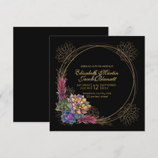 Invitación Suculento acuarela rústica, Boda negro