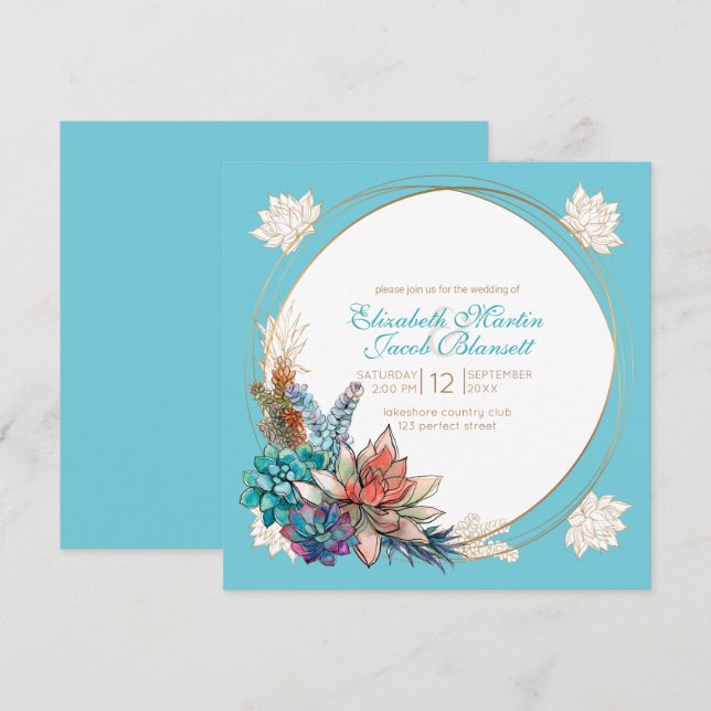 Invitación Suculento acuarela rústica, Boda verde azulado (Anverso / Reverso)