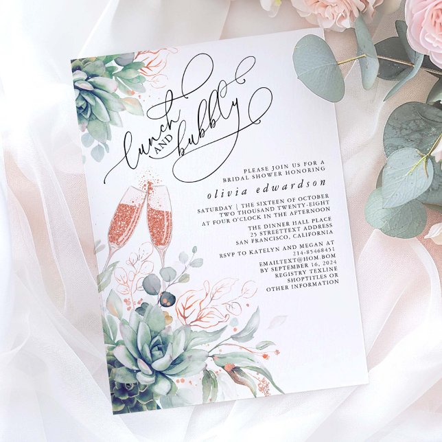 Invitación Suculento almuerzo de vegetación y ducha Bubbly Br (Lunch and Bubbly Bridal Shower Invitations)