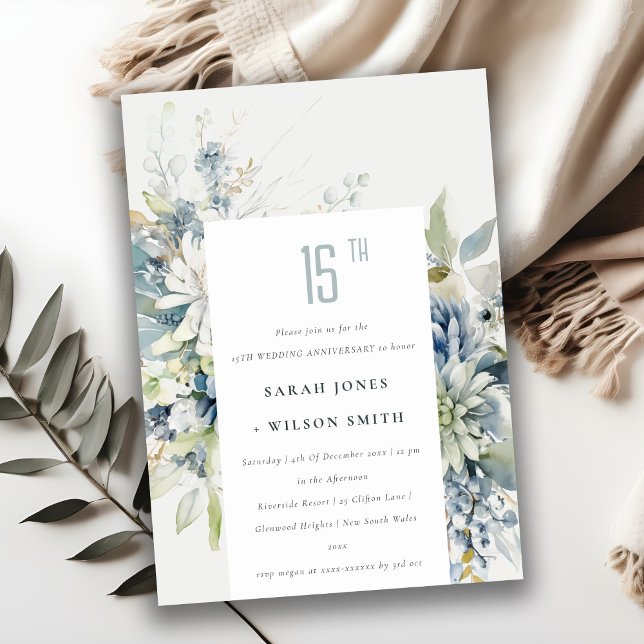 Invitación Suculento Aniversario Floral Verde Azul suave (Subido por el creador)