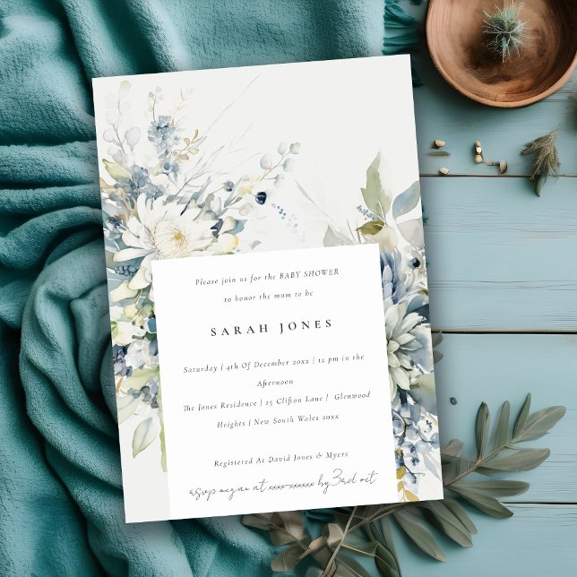 Invitación Suculento Baby Shower floral suave azul verde (Subido por el creador)