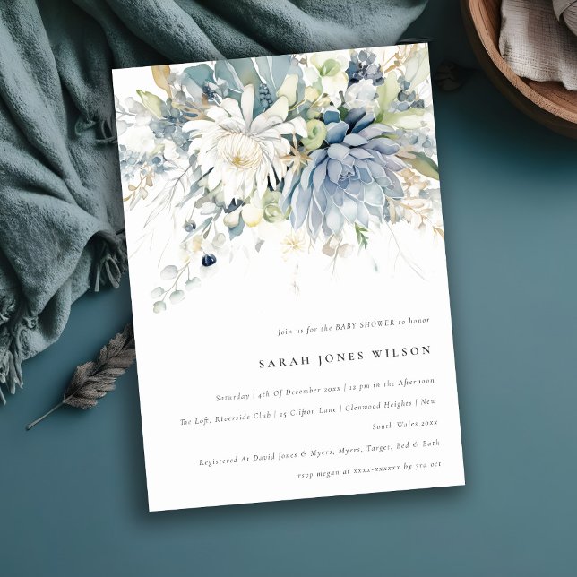 Invitación Suculento Baby Shower floral suave azul verde (Subido por el creador)