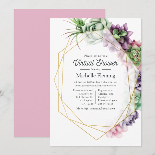 Invitación Suculento Baby Shower virtual geométrico (Anverso / Reverso)