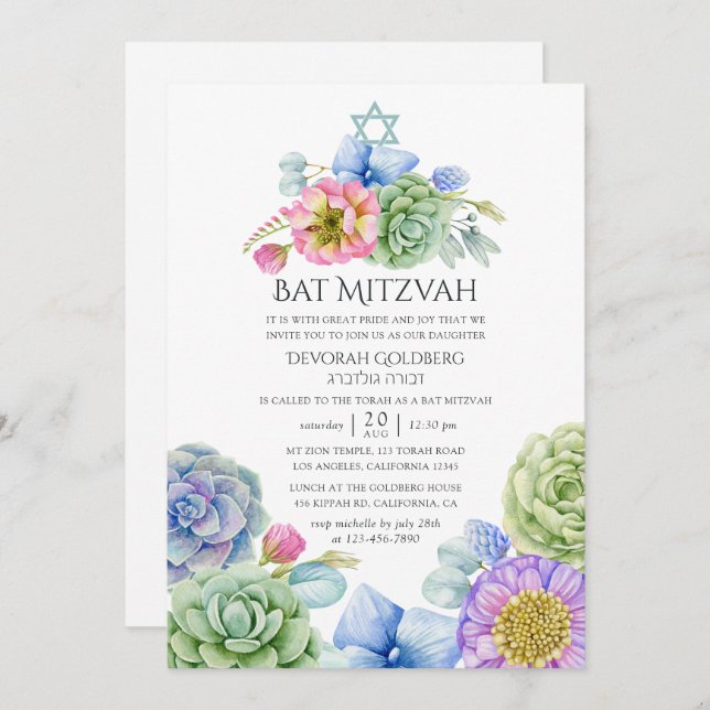 Invitación Suculento Bat Floral Mitzvah (Anverso / Reverso)