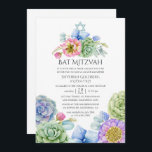 Invitación Suculento Bat Floral Mitzvah<br><div class="desc">Vibrante invitación de mitzvah murciélago acuático con flores rosadas y violetas,  suculentos y hojas de eucalipto.</div>