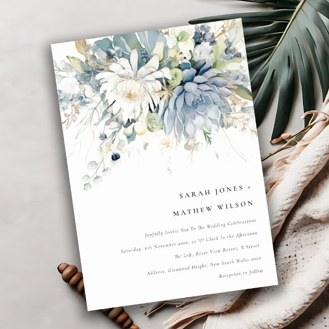 Invitación Suculento Boda botánico floral suave azul verde (Subido por el creador)