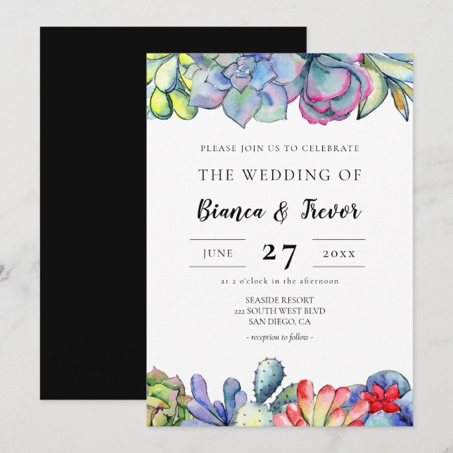 Invitación Suculento boda de acuarela de cactus (Anverso / Reverso)