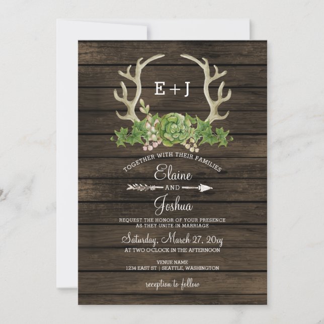 Invitación Suculento Boda de Antlers de Rustic Barn Wood (Anverso)
