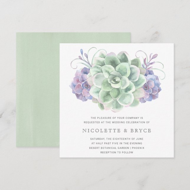Invitación Suculento Boda de la plaza Bouquet verde y púrpura (Anverso / Reverso)