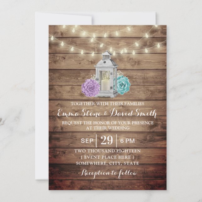 Invitación Suculento Boda floral de una linterna rústica (Anverso)