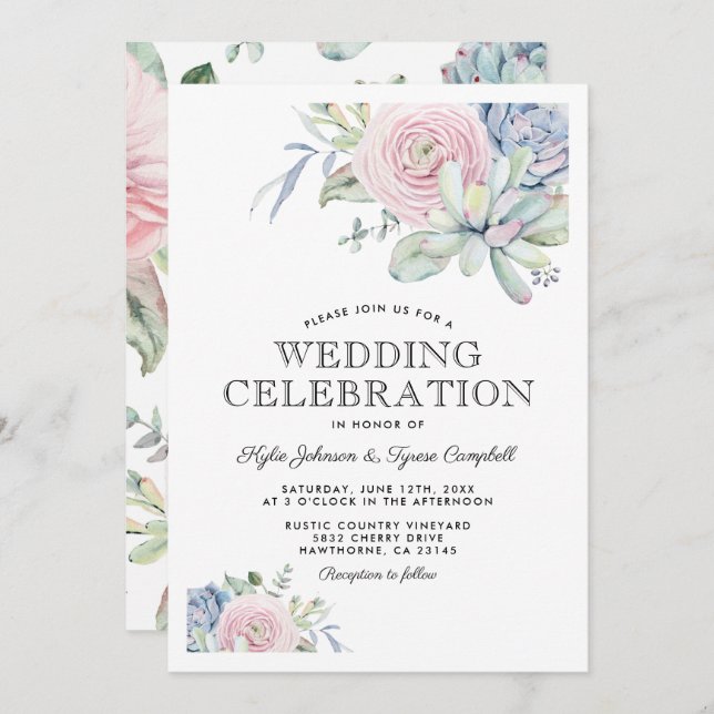 Invitación Suculento Boda Floral Pastel de color de agua (Anverso / Reverso)