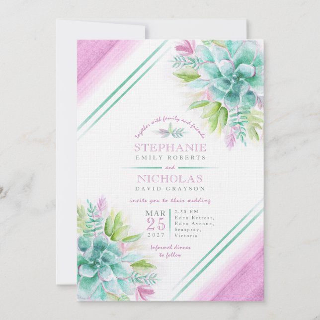 Invitación Suculento boda fotográfico color verde púrpura (Anverso)