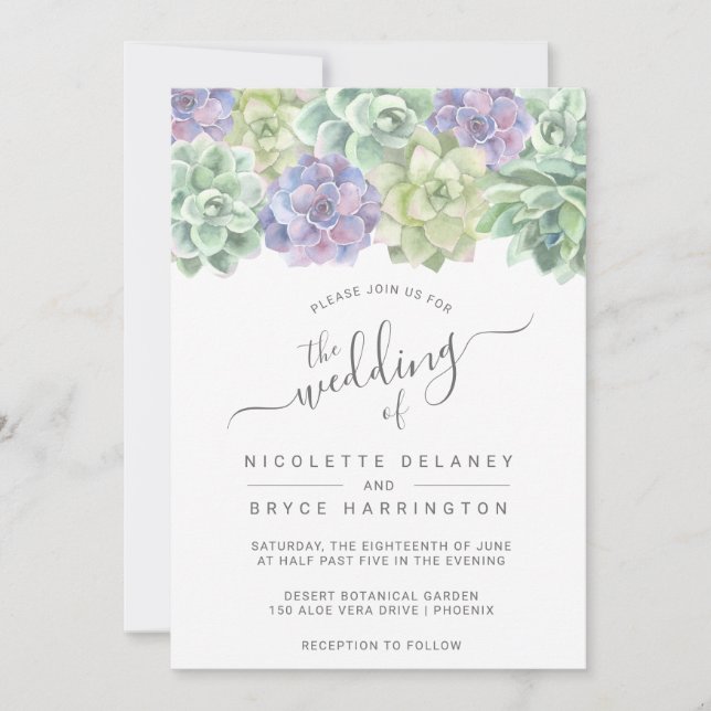 Invitación Suculento Boda púrpura verde botánico (Anverso)