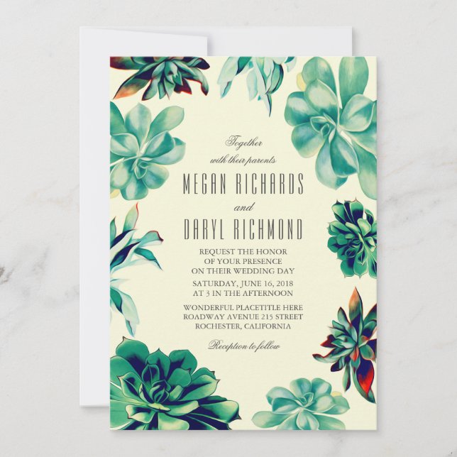 Invitación Suculento Bouquet - Boda floral Verde azulado (Anverso)