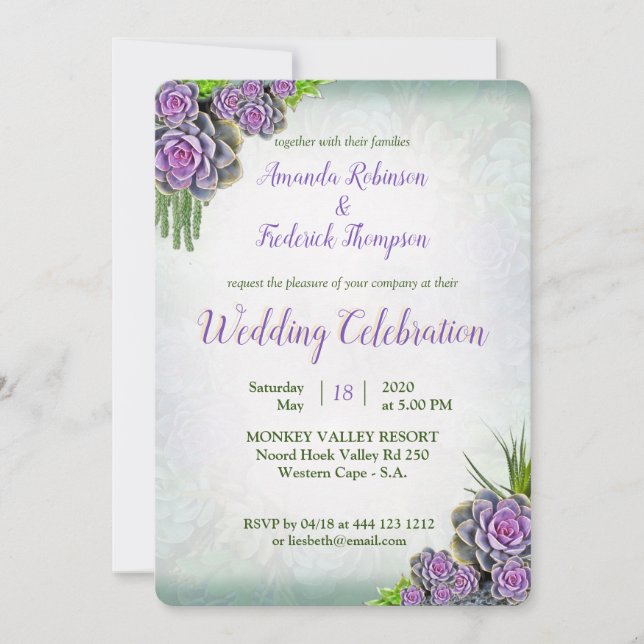 Invitación Suculento Bouquet Hues de espuma y Boda Laven (Anverso)