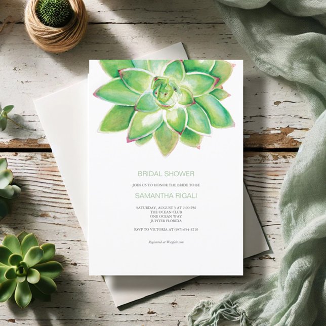Invitación Suculento Bridal Shower Green Watercolor (Bridal shower invitations watercolor succulent art by Victoria Grigaliunas Do Tell A Belle)