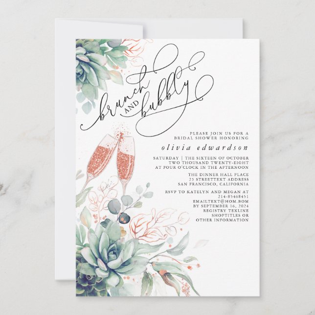 Invitación Suculento Brunch de Verdor y ducha Bubbly Bridal (Anverso)