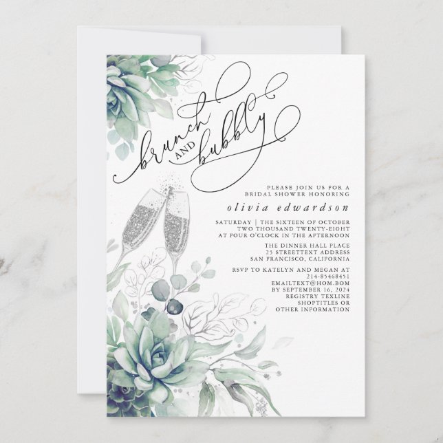 Invitación Suculento Brunch de Verdor y ducha Bubbly Bridal (Anverso)