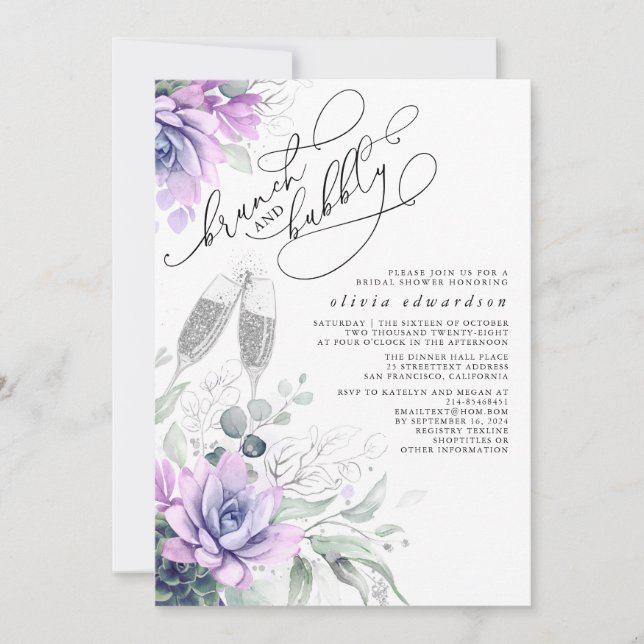 Invitación Suculento Brunch de Verdor y ducha Bubbly Bridal (Anverso)