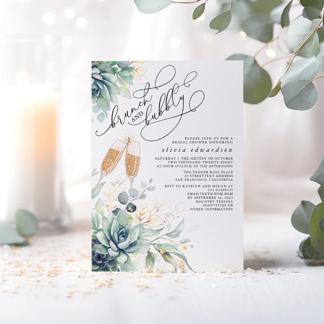 Invitación Suculento Brunch de Verdor y ducha Bubbly Bridal (Brunch and Bubbly Succulents Greenery Bridal Shower Invitations)