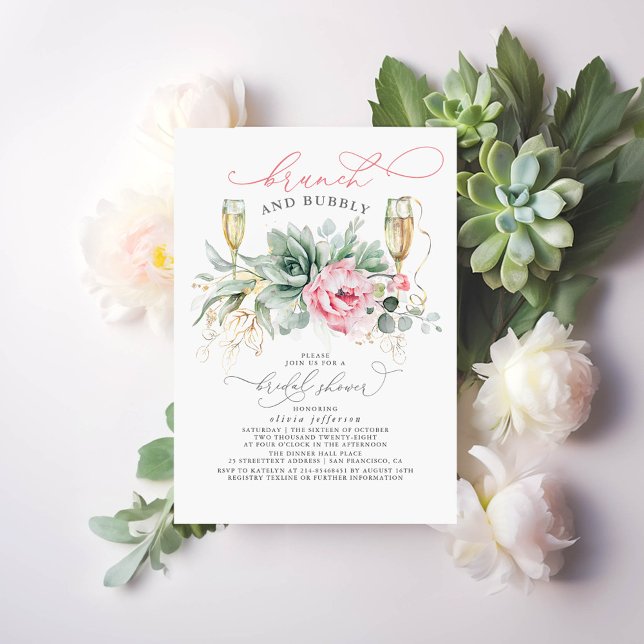 Invitación Suculento Brunch de Verdor y ducha Bubbly Bridal (Brunch and Bubbly Succulent Bridal Shower Invitations)