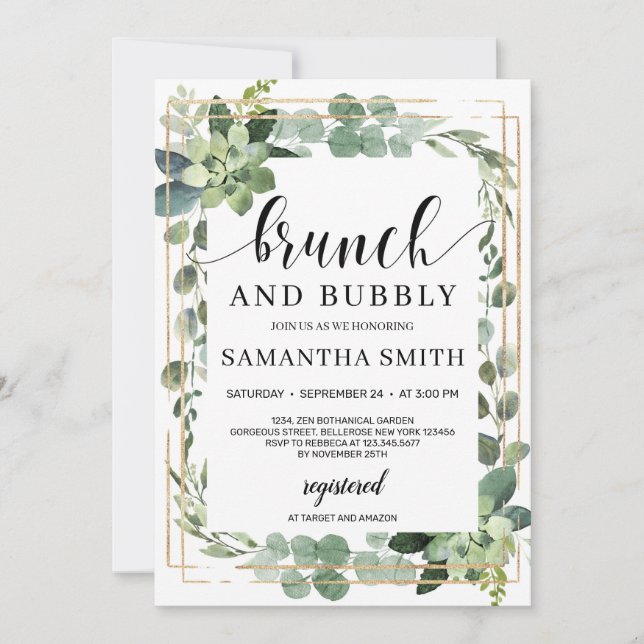 Invitación Suculento brunch floral a la moda boho verde (Anverso)