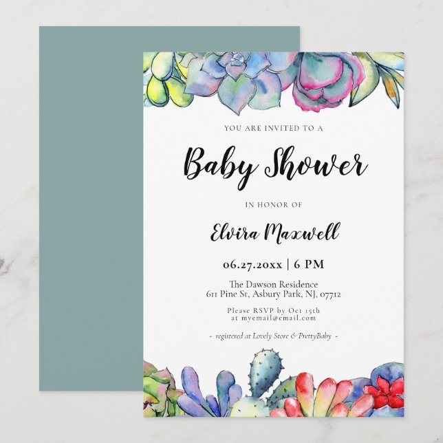 Invitación Suculento cactus acuarela Baby Shower (Anverso / Reverso)