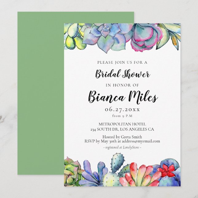 Invitación Suculento cactus acuarela Ducha de novia (Anverso / Reverso)