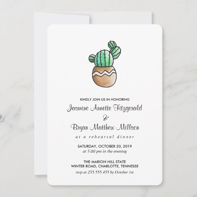 Invitación Suculento Cactus Rústico Mínimo Ensayo Cena (Anverso)
