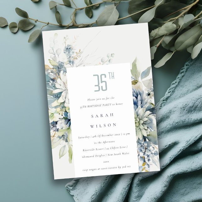 Invitación Suculento cumpleaños floral verde azul suave (Subido por el creador)