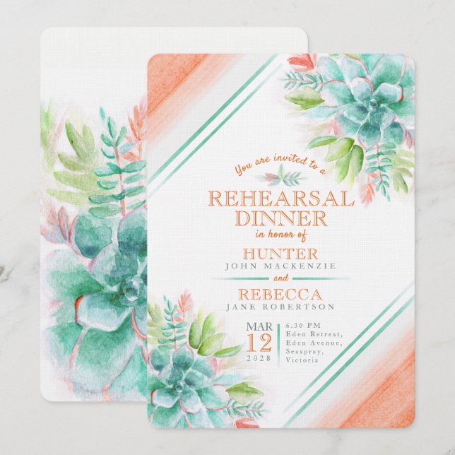 Invitación Suculento ensayo de naranja verde acuarela para la (Anverso / Reverso)