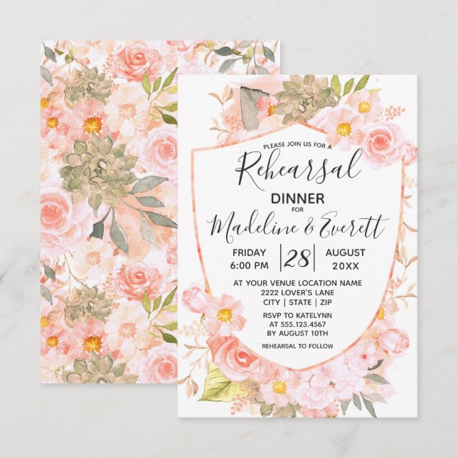 Invitación Suculento Escudo Boda Floral Ensayo Cena (Anverso / Reverso)